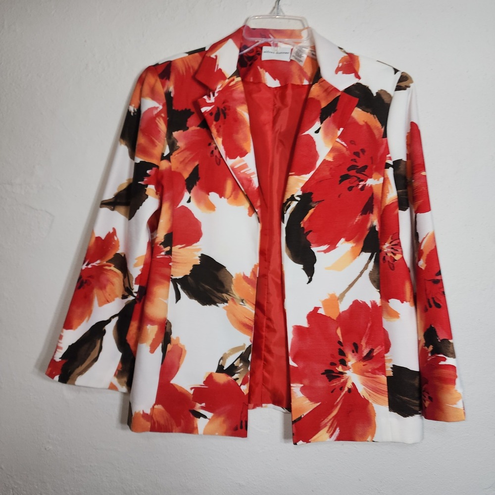 Alfred Dunner Blazer 8 Polyester Red Orange White Floral Print Open Front Lined